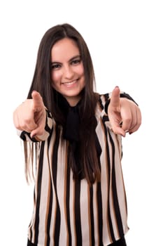Young beautiful woman pointing at you, isolated over white