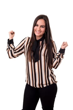 Studio shot: Happy woman with raised arms