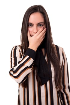 Surprised young woman isolated over white background