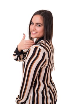 Happy young student making "call me"" sign with hand"