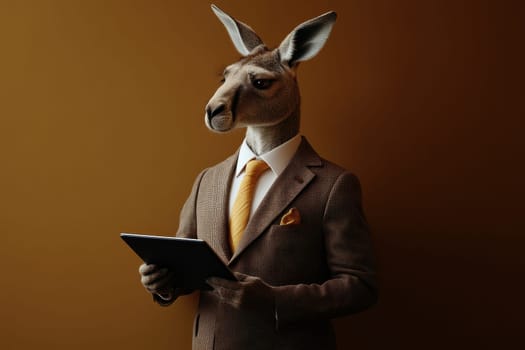 A whimsical portrait of a kangaroo dressed in a formal suit, holding a tablet. The image combines humor and professionalism, set against a warm brown background.