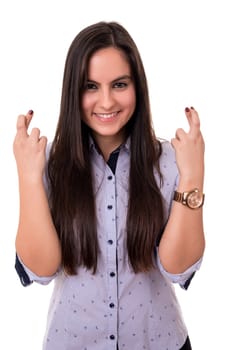 Woman with crossed fingers, isolated over a white background