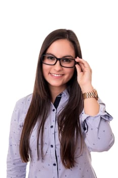 Young woman with glasses posing isolated over white