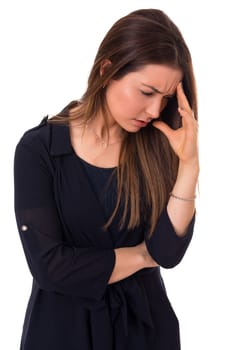 Young woman with a strong headache, isolated over white background