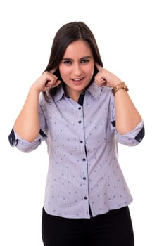 Beautiful young woman asking for silence isolated