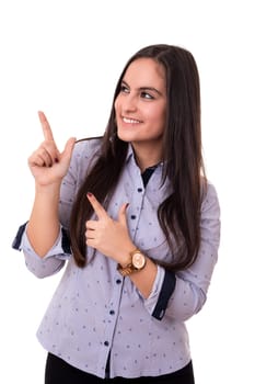 Young beautiful woman presenting your product, isolated over white background