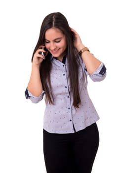 Young beautiful woman at the phone, isolated over a white background