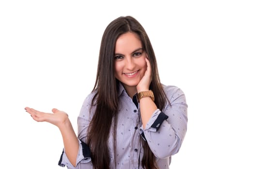 Young beautiful woman presenting your product, isolated over white background