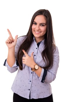 Young beautiful woman presenting your product, isolated over white background
