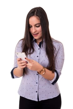 Young beautiful woman at the phone, isolated over a white background