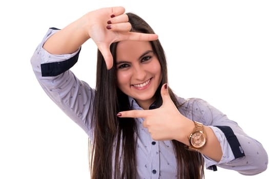 Young woman making framing key gesture - isolated over white