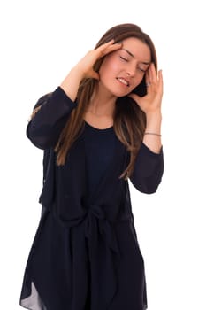 Young woman with a strong headache, isolated over white background