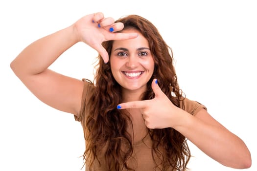 Young woman making framing key gesture - isolated over white