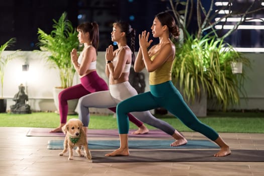 Group of asian women in sportswear pants practicing yoga during city lockdown in their apratment with distance in background of cityscape illumination night. Work out fitness healthy lifestyle concept
