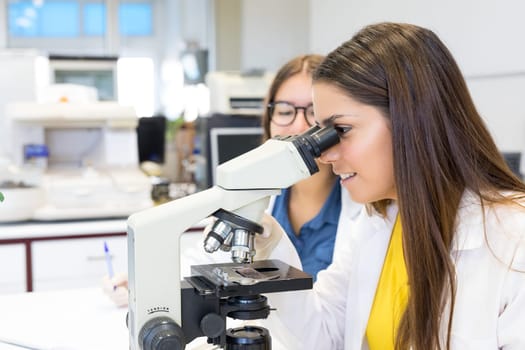 Beautiful young scientists working at the laboratory