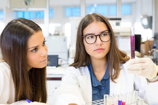 Beautiful young scientists working at the laboratory