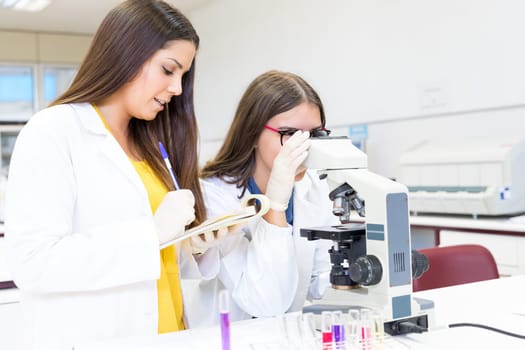 Beautiful young scientists working at the laboratory