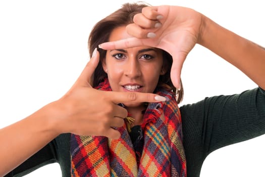 Young woman making framing key gesture - isolated over white