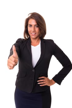 Beautiful young woman signaling ok, isolated over white