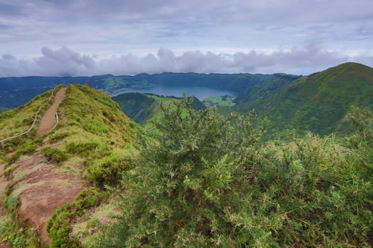 Walking path leading to a view on the lakes of Sete Cidades, Azores, Portugal