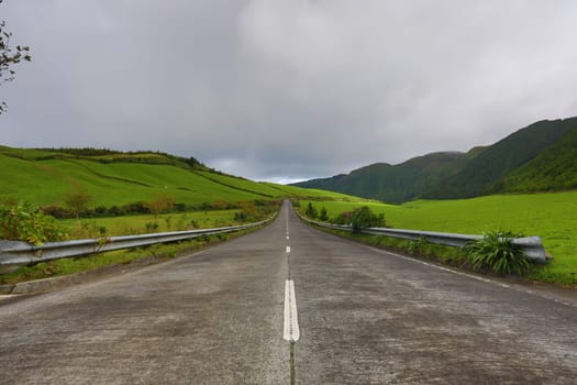 Empty roads in the countryside on the island of Saint Michael (Sao Miguel) in the Azores, Portugal