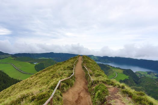 Walking path leading to a view on the lakes of Sete Cidades, Azores, Portugal