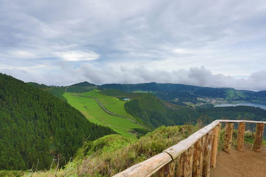 Walking path leading to a view on the lakes of Sete Cidades, Azores, Portugal