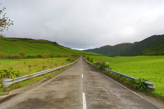 Empty roads in the countryside on the island of Saint Michael (Sao Miguel) in the Azores, Portugal