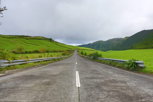 Empty roads in the countryside on the island of Saint Michael (Sao Miguel) in the Azores, Portugal
