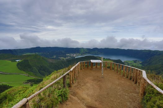 Walking path leading to a view on the lakes of Sete Cidades, Azores, Portugal