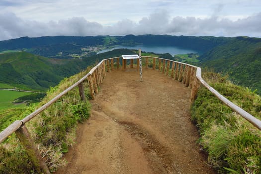 Walking path leading to a view on the lakes of Sete Cidades, Azores, Portugal