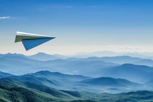 A paper airplane glides effortlessly over stunning mountain terrain, embodying the spirit of creativity and adventure against a backdrop of a clear blue sky.