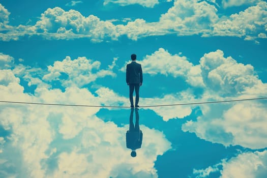 A man in business attire stands on a glass surface, gazing up at a stunning reflection of dramatic clouds and blue sky, symbolizing solitude and contemplation.