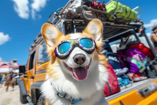 A cheerful dog wearing sunglasses poses playfully at the beach, with a vehicle and colorful bags in the background, capturing the essence of summer fun.