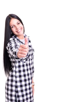 Beautiful young woman signaling ok, isolated over white