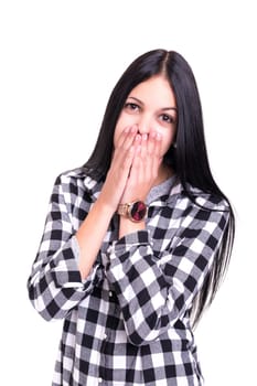 Surprised young woman isolated over white background