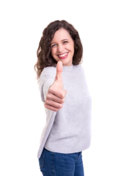 Beautiful young woman signaling ok, isolated over white