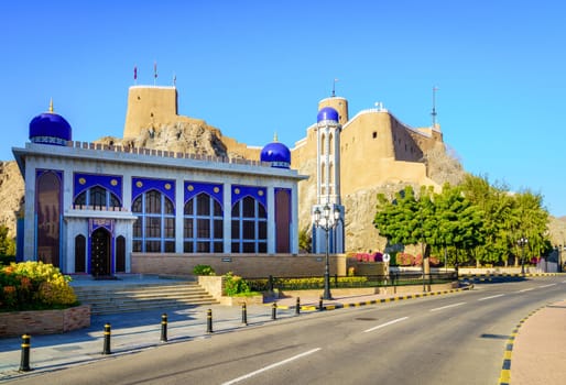 Beautiful Al Khor Mosque next to the Al Alam royal palace in Muscat, Oman