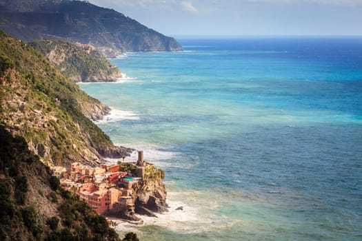 Scenic view of the coasline of Cinque Terre National Park and the village of Vernazza