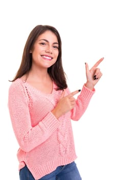 Young beautiful woman presenting your product, isolated over white background