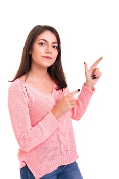 Young beautiful woman presenting your product, isolated over white background