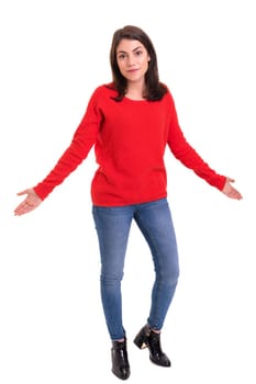 Woman with open hands asking sorry, isolated
