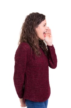 Woman screaming at someone, isolated over a white background