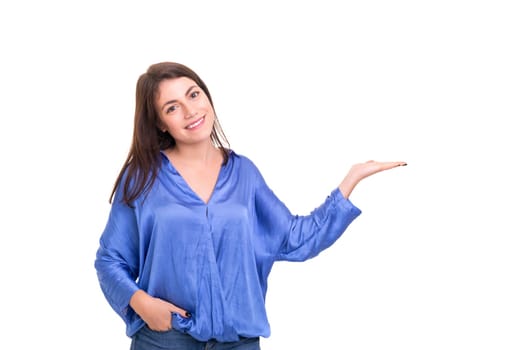 Young beautiful woman presenting your product, isolated over white background