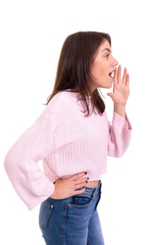 Woman screaming at someone, isolated over a white background