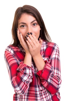 Surprised young woman isolated over white background