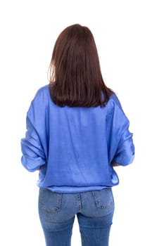Woman posing with her back faced to camera, isolated over copy space background