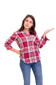 Young beautiful woman presenting your product, isolated over white background