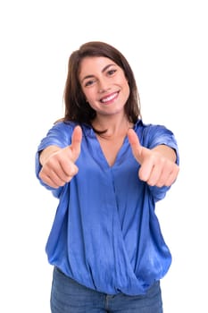 Beautiful young woman signaling ok, isolated over white