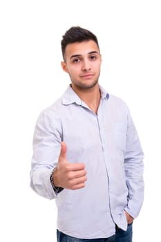 Handsome young man signaling ok, isolated over a white background